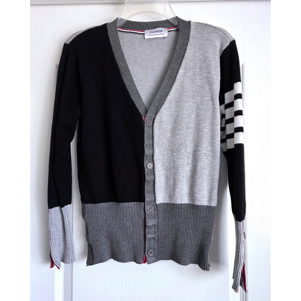 Clover Seoul Korea Colorblock Cardigan Black Grey Striped Sleeve Grosgrain Trim